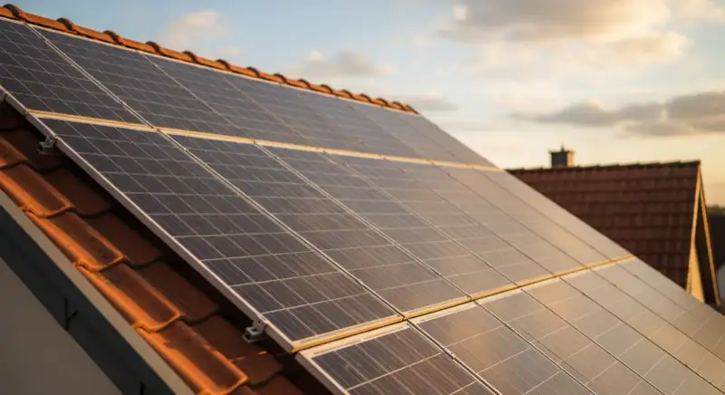 Close-up of photovoltaic solar panels installed on a traditional German Satteldach (gabled roof), blue sky with some clouds