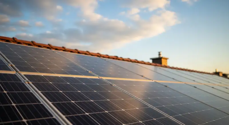Close-up of photovoltaic solar panels installed on a traditional German Satteldach (gabled roof), blue sky with some clouds