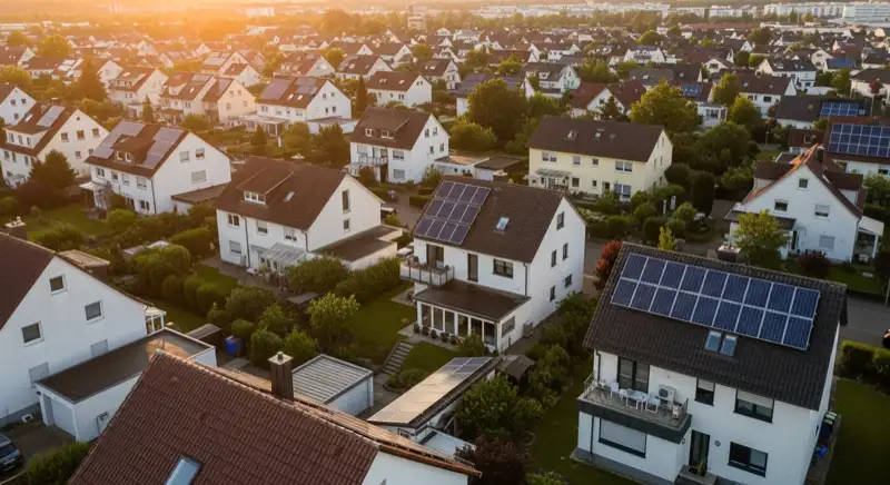 Aerial drone view of typical German residential neighborhood with mixed roof types, red and dark roof tiles, gardens visible, sunny day