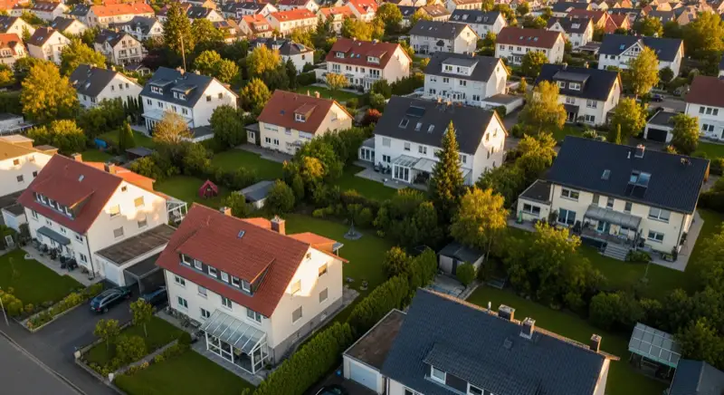 Aerial drone view of typical German residential neighborhood with mixed roof types, red and dark roof tiles, gardens visible, sunny day