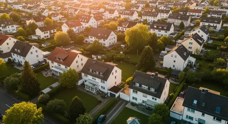 Aerial drone view of typical German residential neighborhood with mixed roof types, red and dark roof tiles, gardens visible, sunny day
