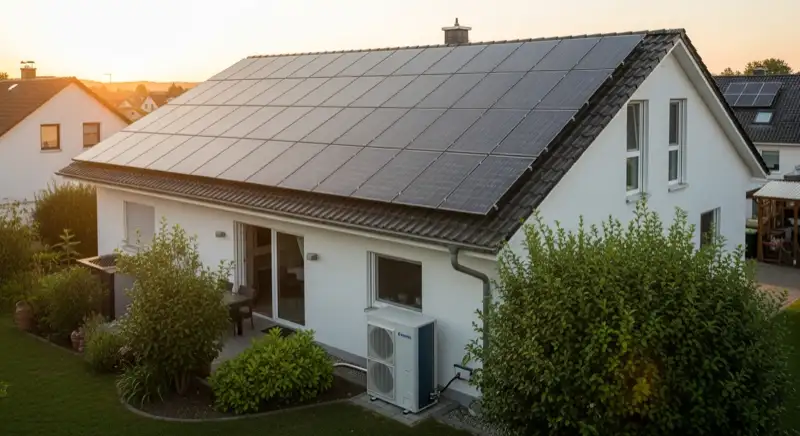 Einfamilienhaus in Rüsselsheim mit PV-Anlage auf dem Dach und Wärmepumpe Außeneinheit im Garten