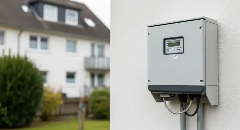 Modern German electrical meter cabinet (Zählerschrank) with smart meter and solar inverter connection, clean technical installation