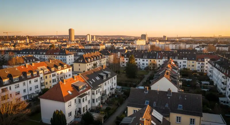 Aerial drone view of typical German residential neighborhood with mixed roof types, red and dark roof tiles, gardens visible, sunny day