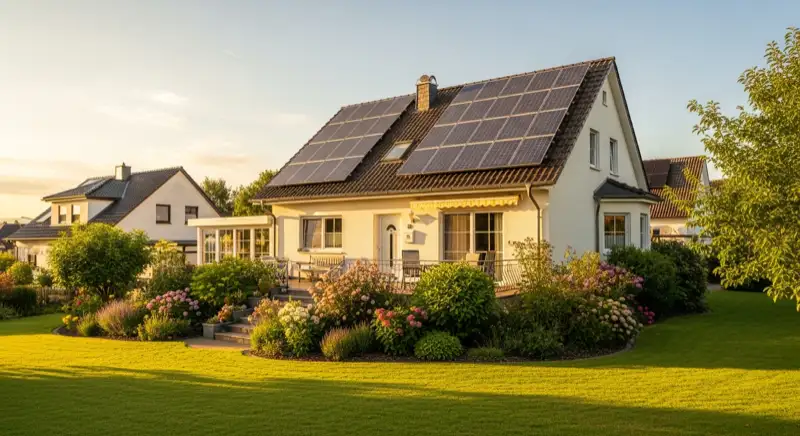German detached house (Einfamilienhaus) with photovoltaic panels on pitched roof, well-maintained garden, warm afternoon sunlight