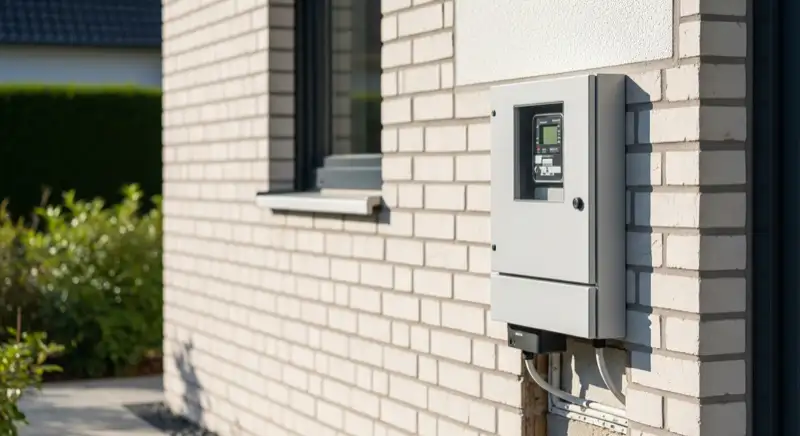 Modern German electrical meter cabinet (Zählerschrank) with smart meter and solar inverter connection, clean technical installation