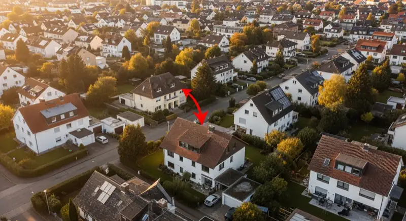 Aerial drone view of typical German residential neighborhood with mixed roof types, red and dark roof tiles, gardens visible, sunny day