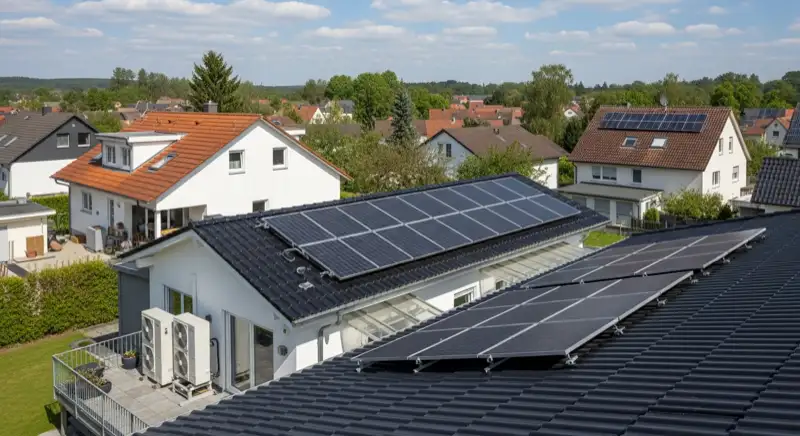 Servicetechniker führt professionelle Wartung an Luft-Wasser-Wärmepumpe vor Einfamilienhaus in Sankt Augustin durch