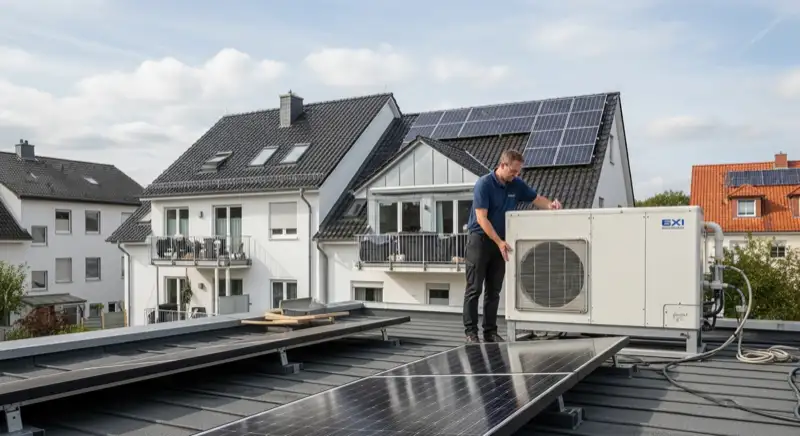 Qualifizierter Installateur montiert Wärmepumpen-Außeneinheit vor Schweriner Einfamilienhaus