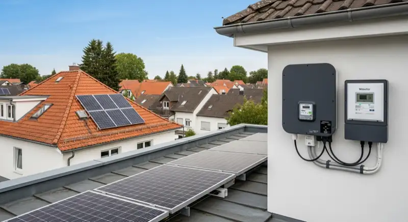 Modern German electrical meter cabinet (Zählerschrank) with smart meter and solar inverter connection, clean technical installation