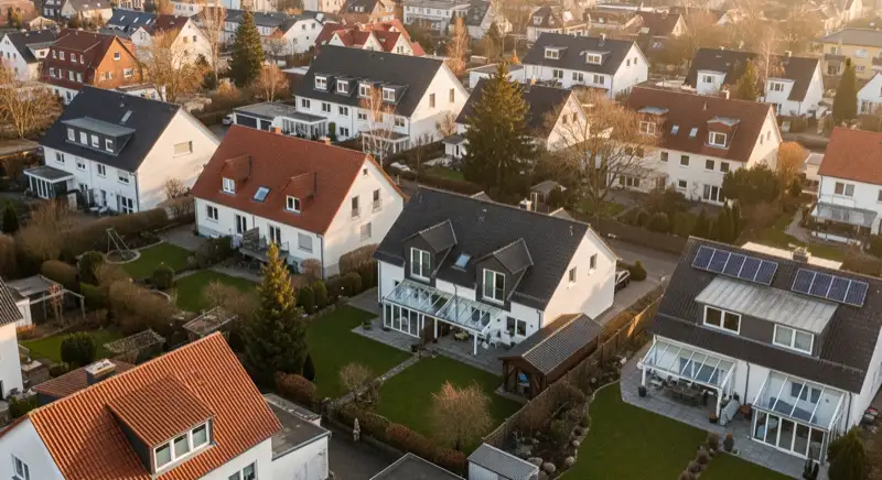 Aerial drone view of typical German residential neighborhood with mixed roof types, red and dark roof tiles, gardens visible, sunny day