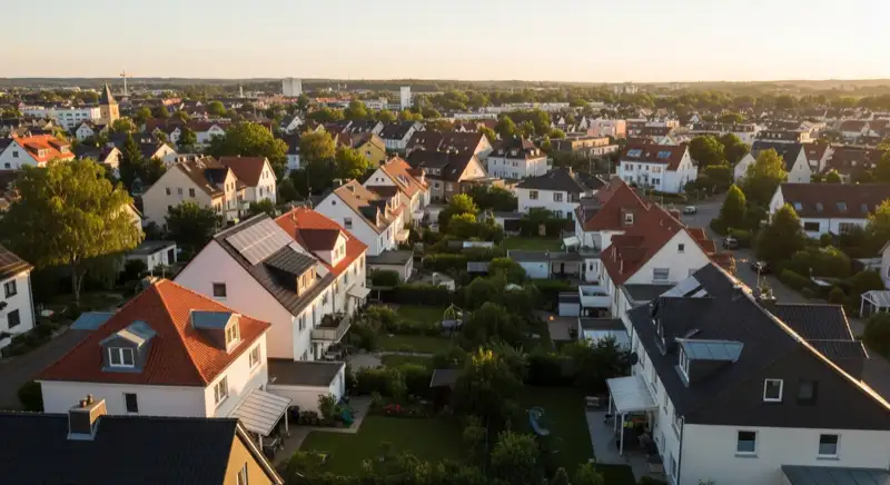 Aerial drone view of typical German residential neighborhood with mixed roof types, red and dark roof tiles, gardens visible, sunny day