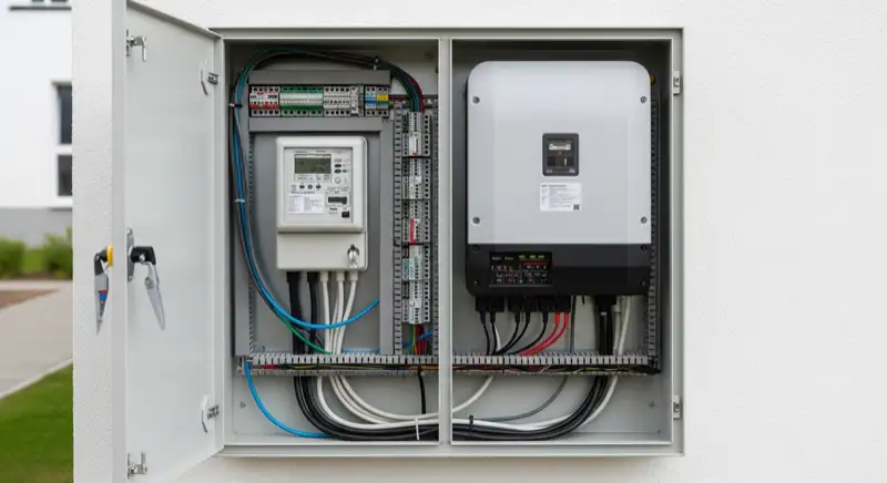 Modern German electrical meter cabinet (Zählerschrank) with smart meter and solar inverter connection, clean technical installation