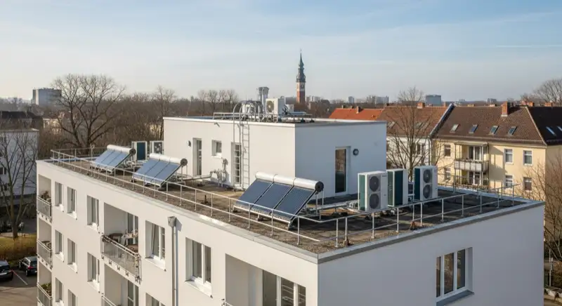 Plattenbau-Hochhaus in Schwerin Großer Dreesch mit Wärmepumpen-Außengeräten auf dem Flachdach