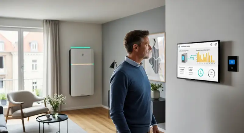 Smart-Home-Display mit Wärmepumpensteuerung in einem modernen Schweriner Wohnzimmer
