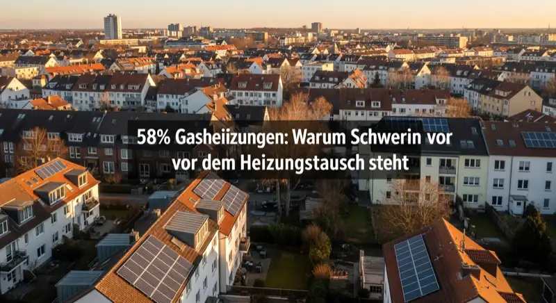 Aerial drone view of typical German residential neighborhood with mixed roof types, red and dark roof tiles, gardens visible, sunny day