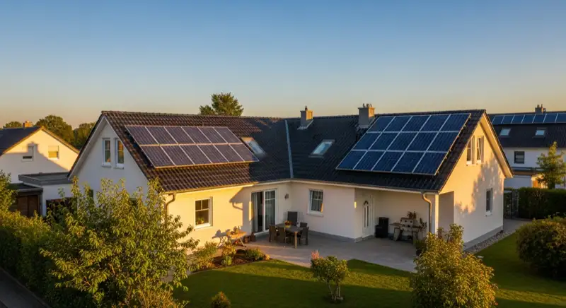 German detached house (Einfamilienhaus) with photovoltaic panels on pitched roof, well-maintained garden, warm afternoon sunlight