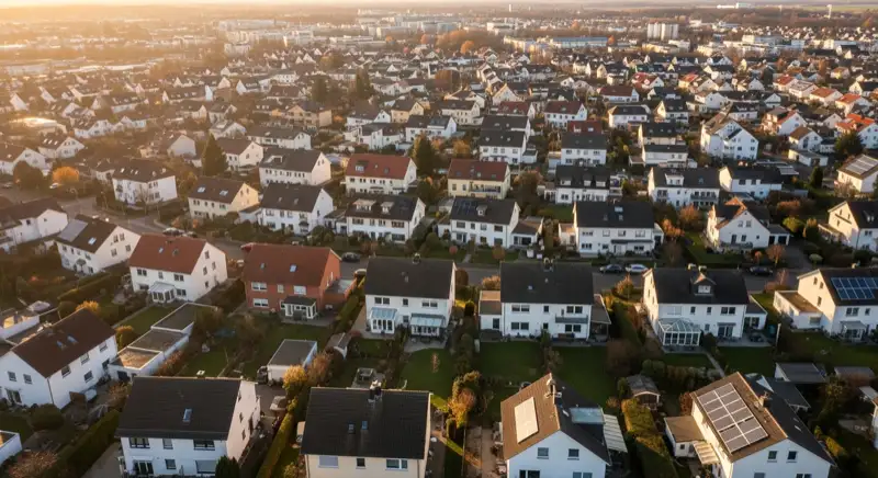 Aerial drone view of typical German residential neighborhood with mixed roof types, red and dark roof tiles, gardens visible, sunny day