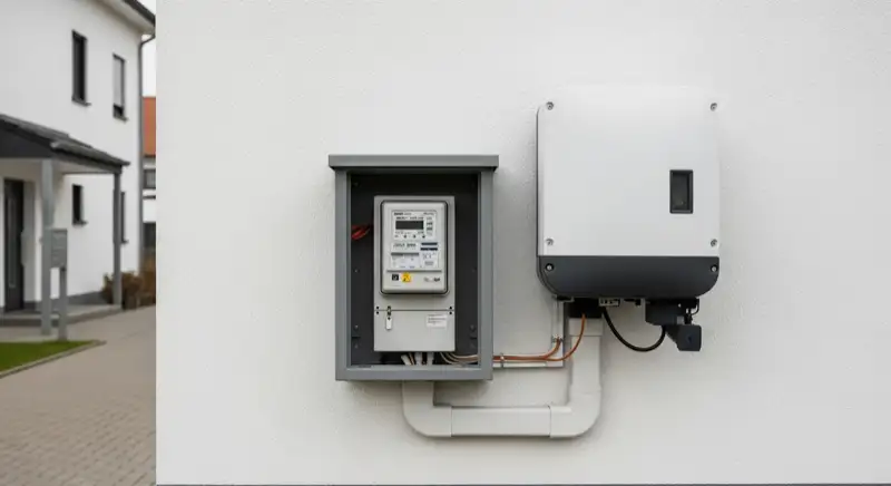 Modern German electrical meter cabinet (Zählerschrank) with smart meter and solar inverter connection, clean technical installation