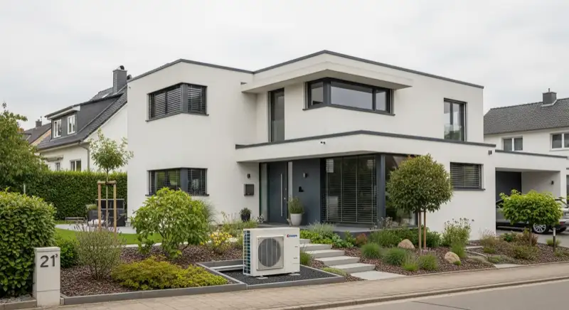 Modernes Einfamilienhaus in Schwerte mit Luft-Wasser-Wärmepumpe im gepflegten Vorgarten