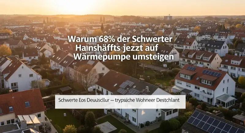 Aerial drone view of typical German residential neighborhood with mixed roof types, red and dark roof tiles, gardens visible, sunny day