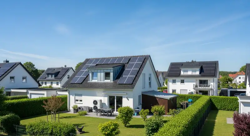 Typisches Einfamilienhaus in Seevetal mit moderner Luft-Wasser-Wärmepumpe im Vorgarten