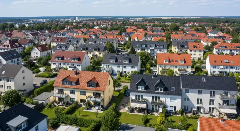 Aerial drone view of typical German residential neighborhood with mixed roof types, red and dark roof tiles, gardens visible, sunny day
