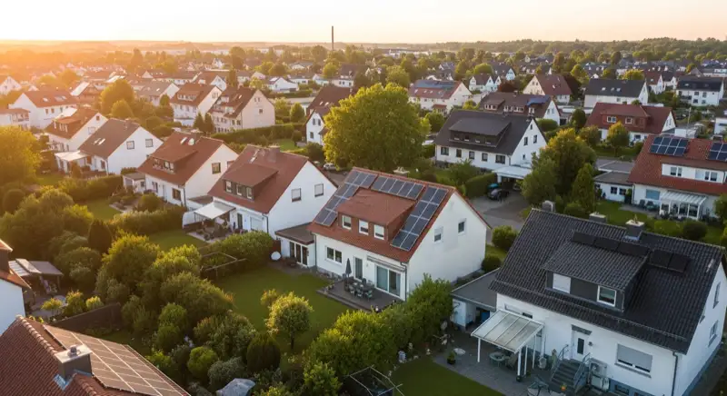 Aerial drone view of typical German residential neighborhood with mixed roof types, red and dark roof tiles, gardens visible, sunny day