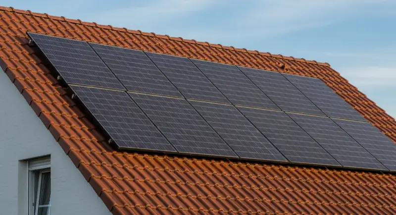 Close-up of photovoltaic solar panels installed on a traditional German Satteldach (gabled roof), blue sky with some clouds