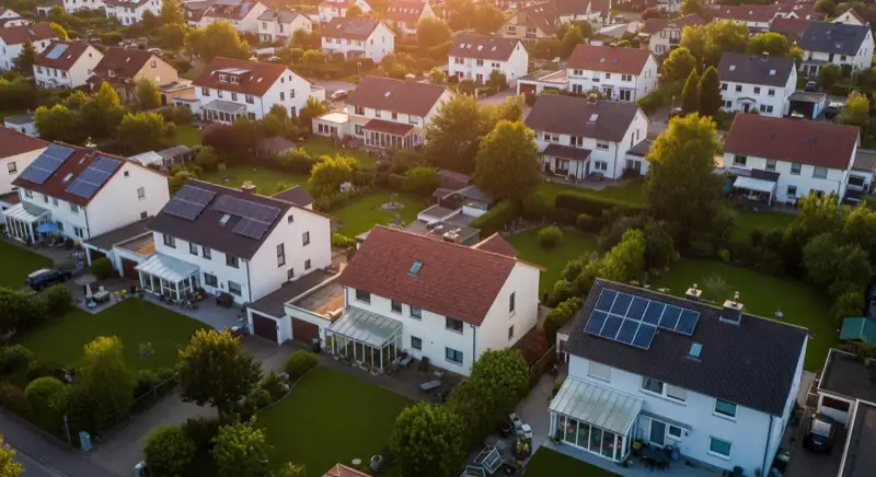 Aerial drone view of typical German residential neighborhood with mixed roof types, red and dark roof tiles, gardens visible, sunny day