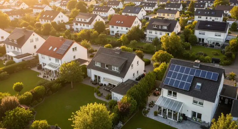 Aerial drone view of typical German residential neighborhood with mixed roof types, red and dark roof tiles, gardens visible, sunny day