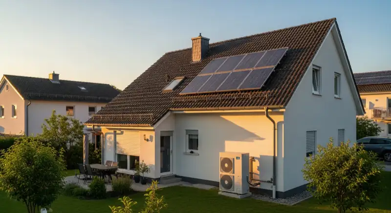 Einfamilienhaus in Seevetal mit Photovoltaikanlage auf dem Dach und Wärmepumpen-Außeneinheit im Garten