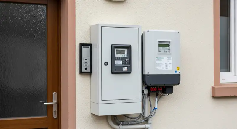 Modern German electrical meter cabinet (Zählerschrank) with smart meter and solar inverter connection, clean technical installation