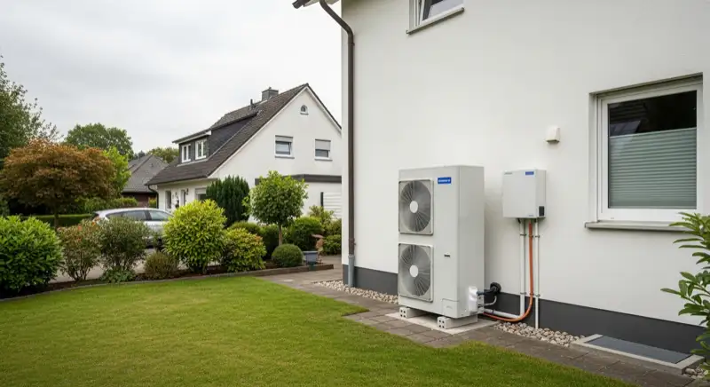 Fachkräfte installieren moderne Wärmepumpe vor Einfamilienhaus in Siegen