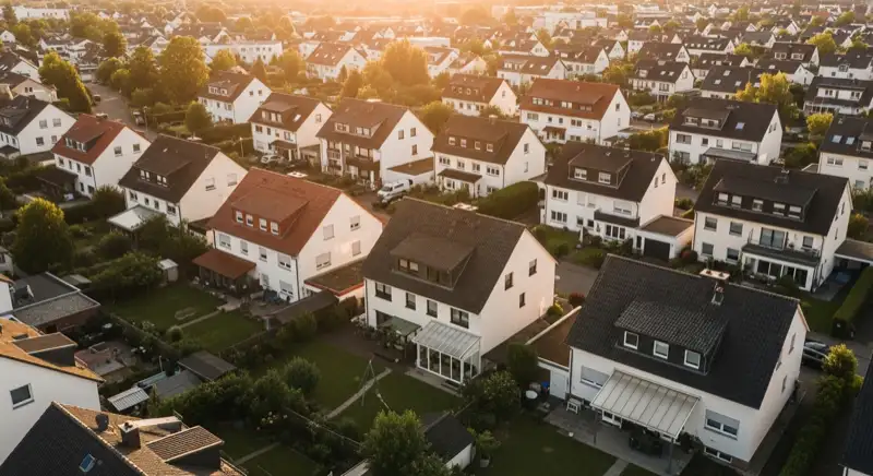 Aerial drone view of typical German residential neighborhood with mixed roof types, red and dark roof tiles, gardens visible, sunny day