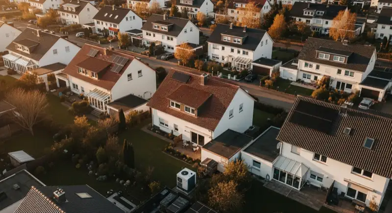 Aerial drone view of typical German residential neighborhood with mixed roof types, red and dark roof tiles, gardens visible, sunny day