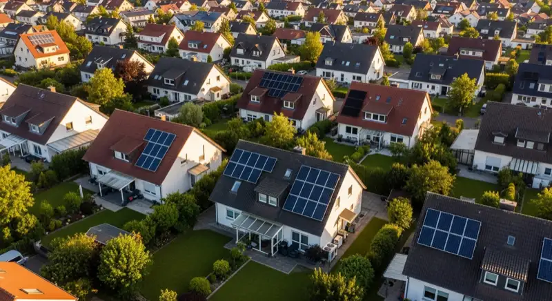 Aerial drone view of typical German residential neighborhood with mixed roof types, red and dark roof tiles, gardens visible, sunny day