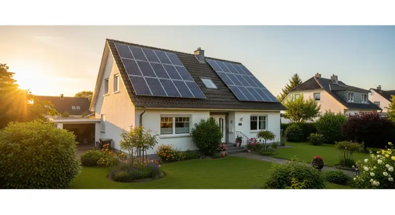 German detached house (Einfamilienhaus) with photovoltaic panels on pitched roof, well-maintained garden, warm afternoon sunlight