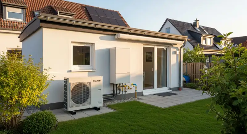 Hybrid-Wärmepumpe Außeneinheit neben bestehendem Gasanschluss in Speyerer Garten