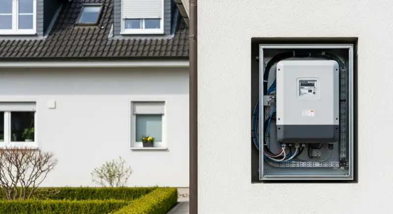 Modern German electrical meter cabinet (Zählerschrank) with smart meter and solar inverter connection, clean technical installation