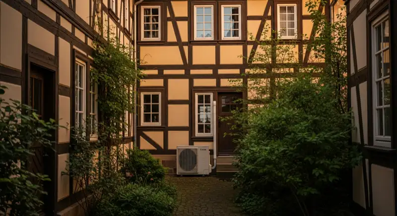 Historisches Fachwerkhaus in der Speyerer Altstadt mit dezent positionierter Wärmepumpen-Außeneinheit im Innenhof