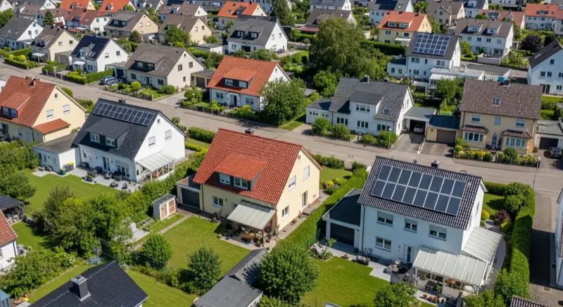 Aerial drone view of typical German residential neighborhood with mixed roof types, red and dark roof tiles, gardens visible, sunny day