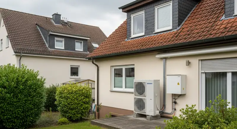 Wärmepumpen-Außeneinheit vor Einfamilienhaus in Speyer