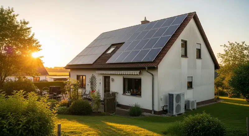 Einfamilienhaus in einem ländlichen Stendaler Ortsteil mit Dachanlage und Wärmepumpen-Außengerät