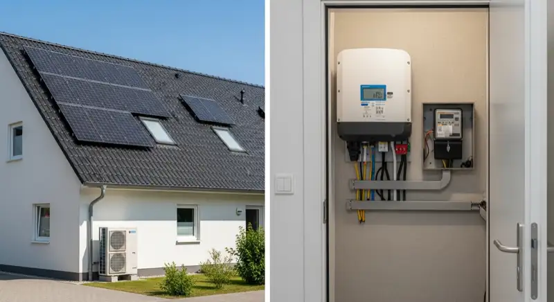Modern German electrical meter cabinet (Zählerschrank) with smart meter and solar inverter connection, clean technical installation