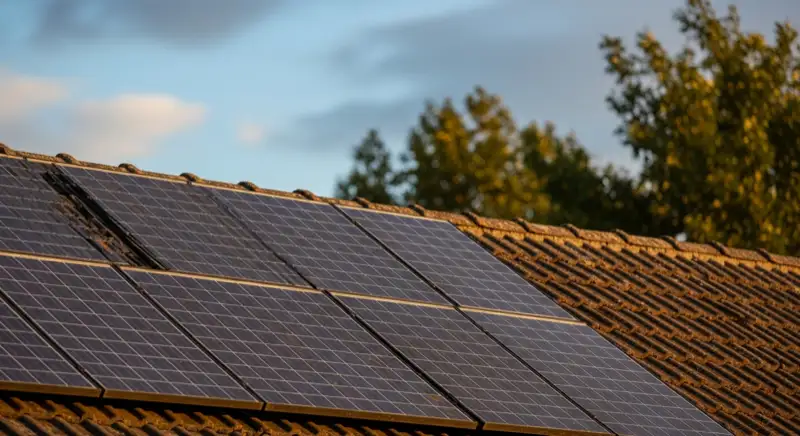 Close-up of photovoltaic solar panels installed on a traditional German Satteldach (gabled roof), blue sky with some clouds