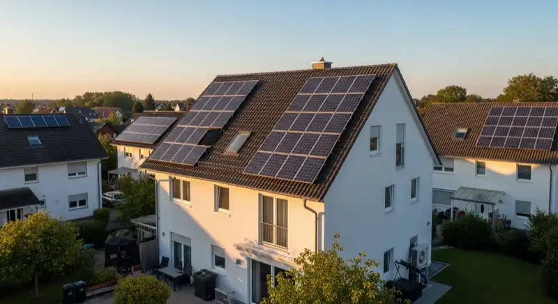 Einfamilienhaus in Stendal mit Photovoltaik auf dem Dach und Wärmepumpen-Außengerät im Garten