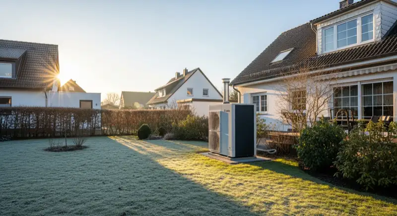 Wärmepumpen-Außengerät im Garten eines Stendaler Wohnhauses an einem klaren Frosttag