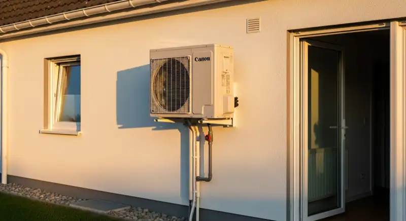 Wärmepumpen-Außengerät an einer Stendaler Hauswand mit kurzem Leitungsweg zum Heizraum, ohne Beschriftung