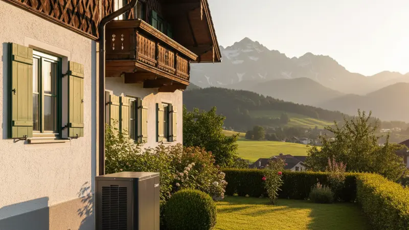 Moderne Luft-Wärmepumpe vor einem Stralsunder Einfamilienhaus mit Alpenblick
